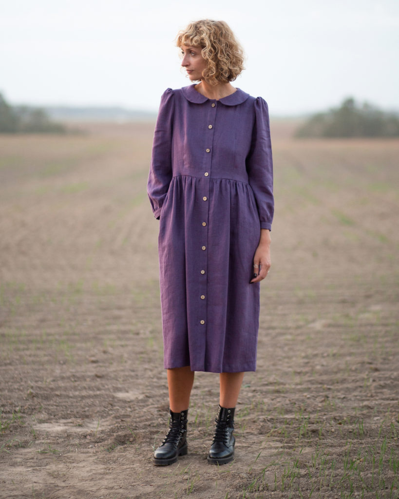 Long sleeve linen dress with button closure