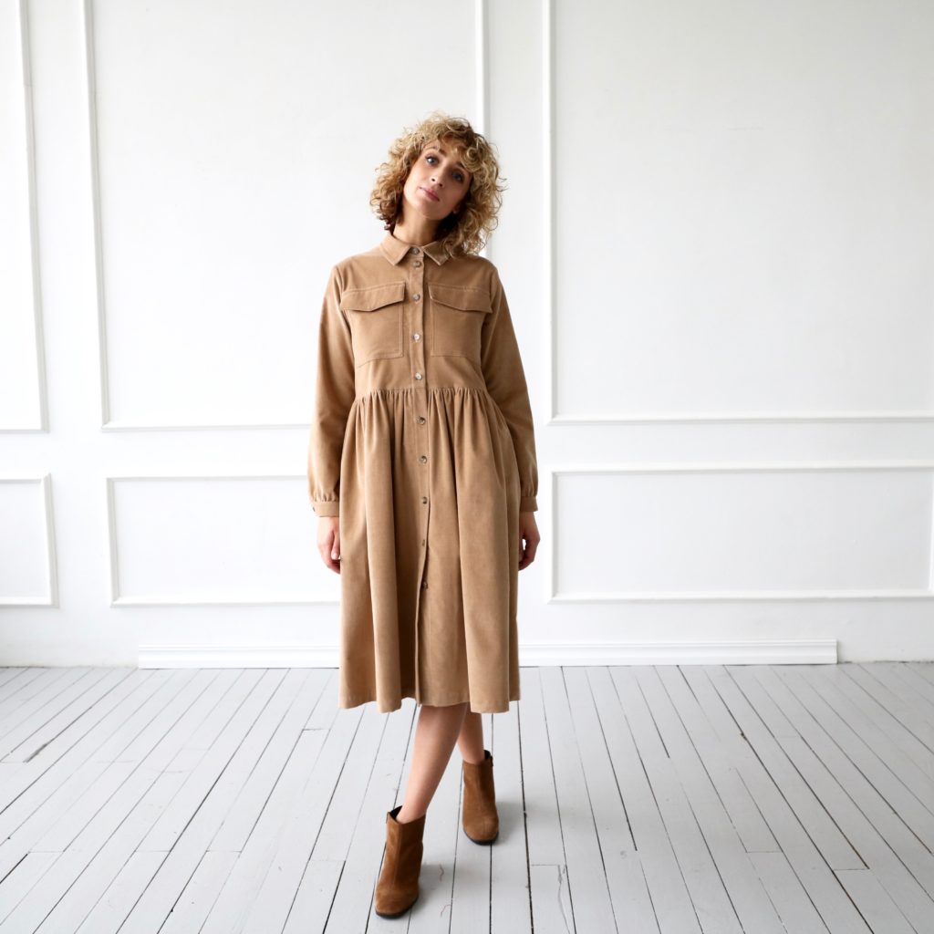 Needle-cord loose fit shirt dres | Dress | Sustainable clothing | OffOn clothing