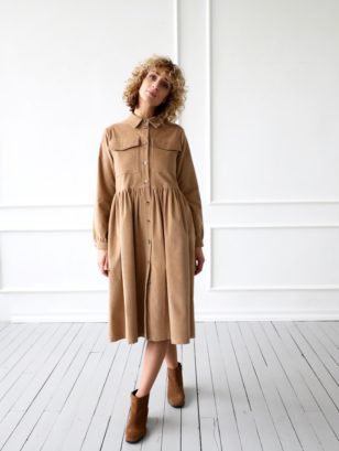 Needle-cord loose fit shirt dres | Dress | Sustainable clothing | OffOn clothing
