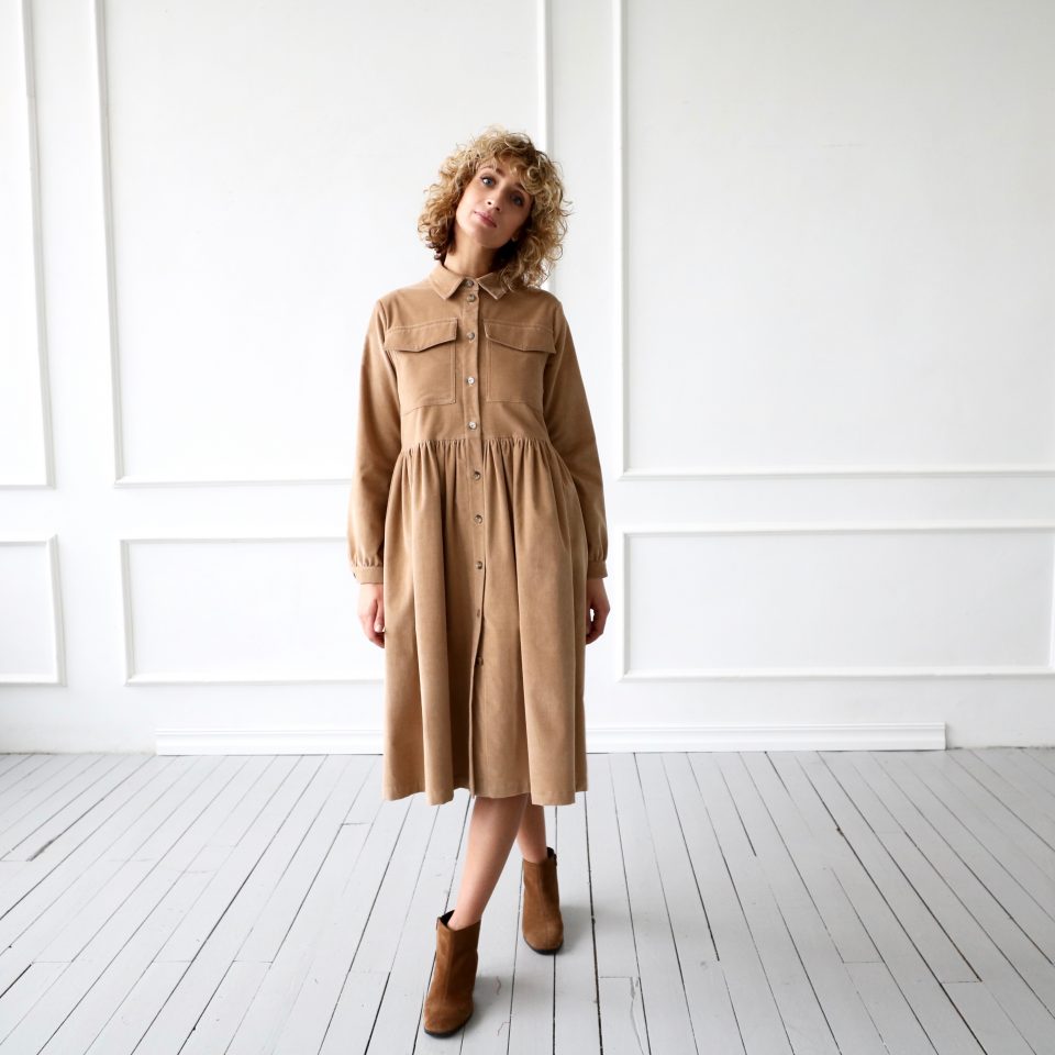 Needle-cord loose fit shirt dres | Dress | Sustainable clothing | OffOn clothing