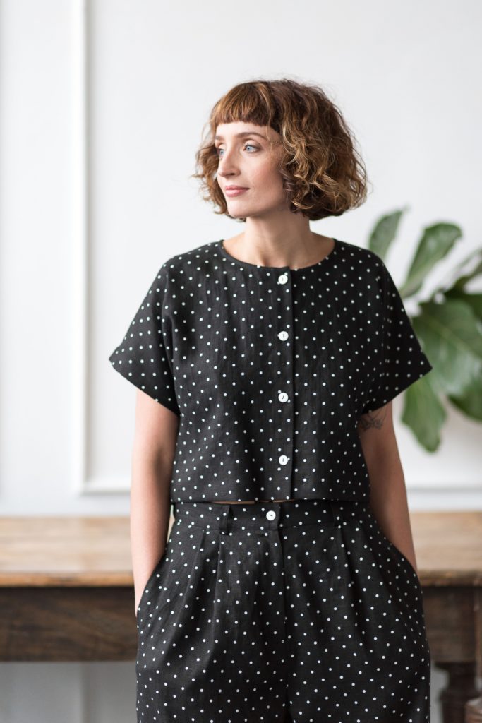 Linen Short Sleeve Crop Blouse