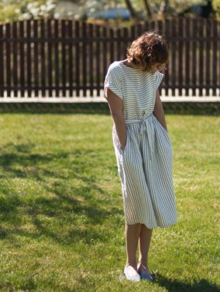 Striped linen tie belt dress