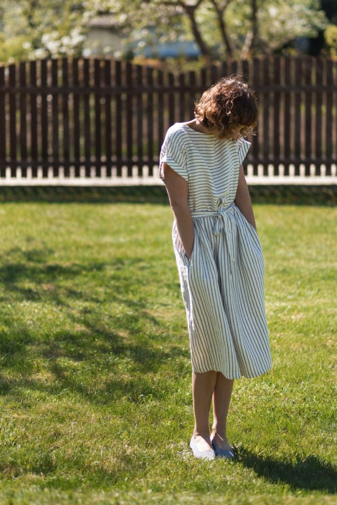 Striped linen tie belt dress