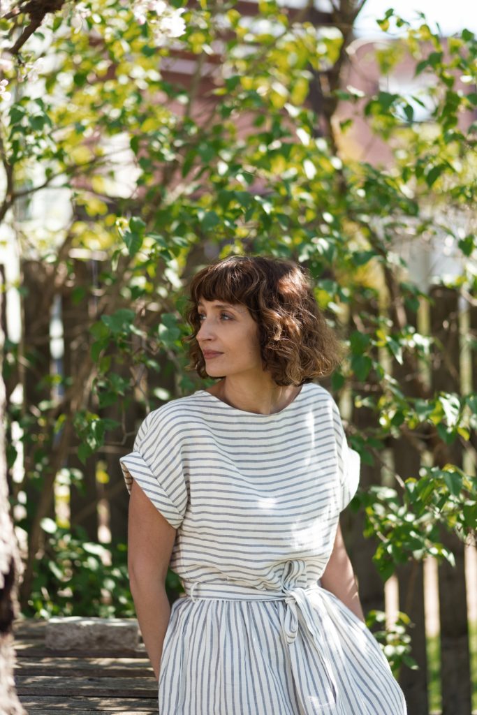 Striped linen tie belt dress - Image 1