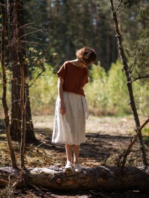 Striped Linen Midi Length Skirt
