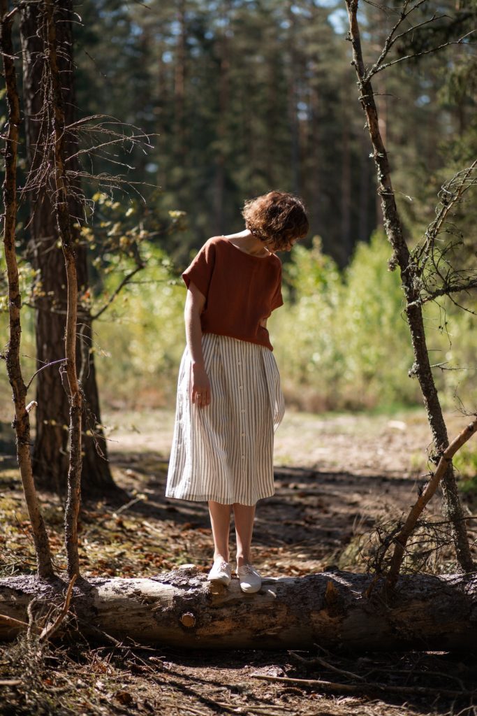 Striped Linen Midi Length Skirt