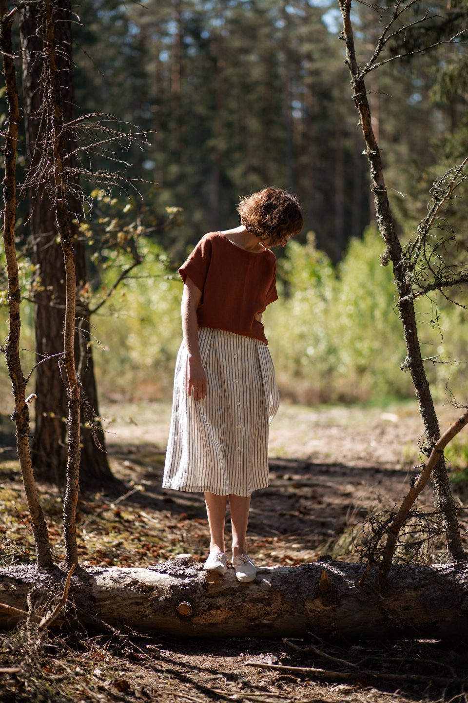Striped Linen Midi Length Skirt