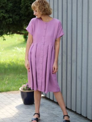 Linen pleated skirt dress with button closure