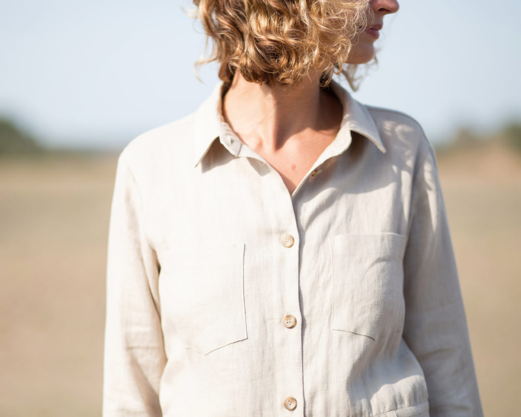 Long sleeve linen coverall in beige - Image 2