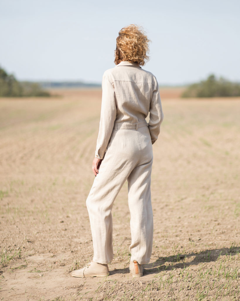 Long sleeve linen coverall in beige - Image 1