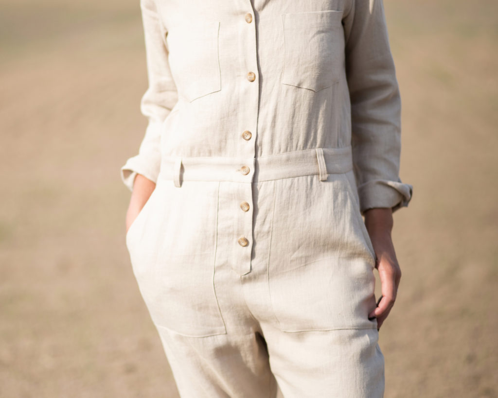 Long sleeve linen coverall in beige - Image 3