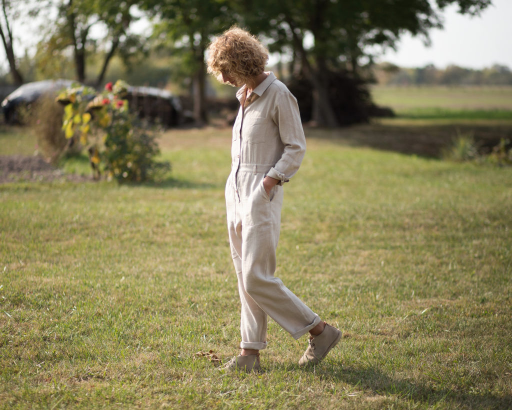 Long sleeve linen coverall in beige | Jumpsuits | Sustainable clothing | OffOn clothing