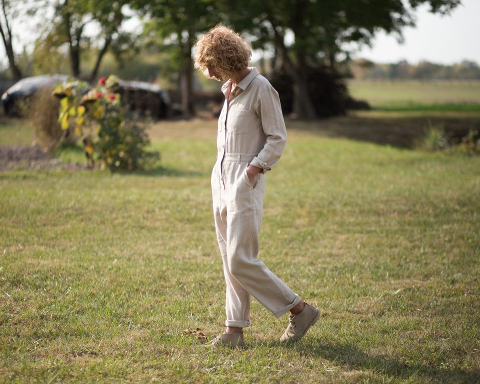 Long sleeve linen coverall in beige | Jumpsuits | Sustainable clothing | OffOn clothing