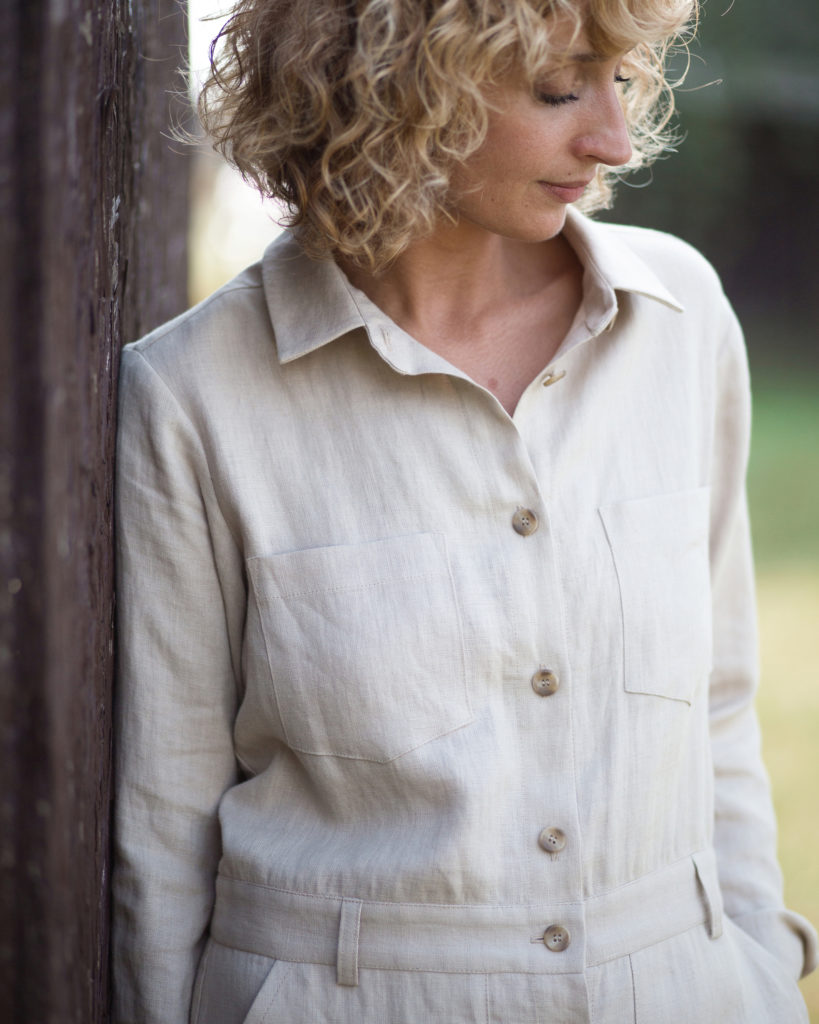 Long sleeve linen coverall in beige - Image 4