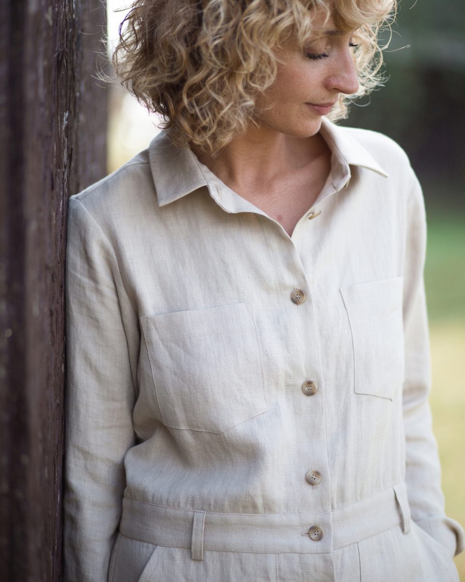 Long sleeve linen coverall in beige - Image 4