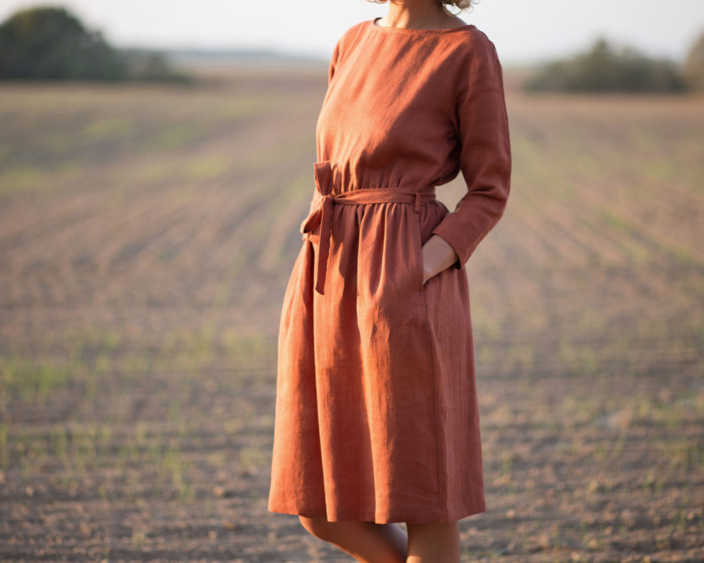 Linen MIDI tie belt dress