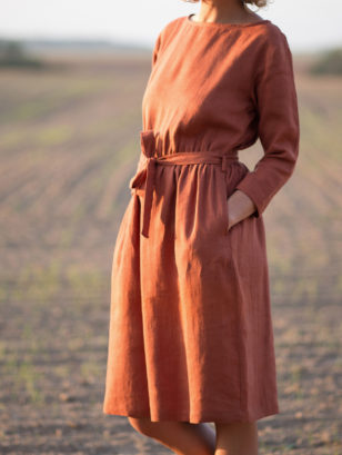 Linen MIDI tie belt dress