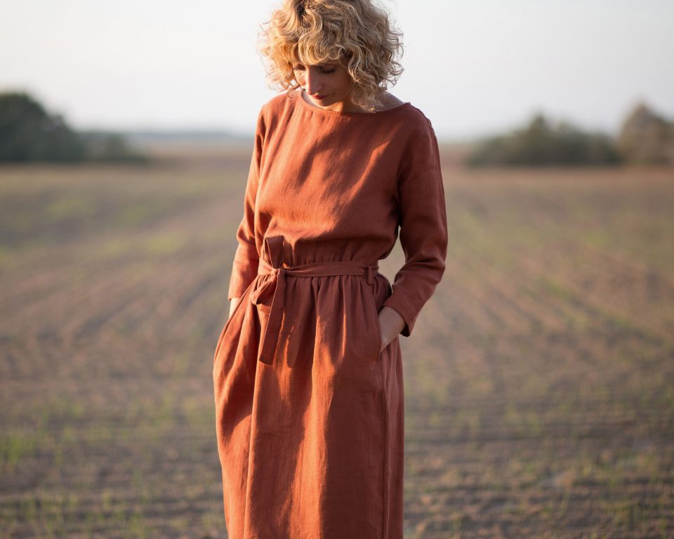 Linen MIDI tie belt dress - Image 1