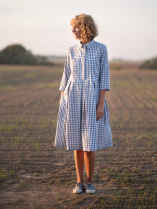 Checkered shirt dress with a pleated skirt