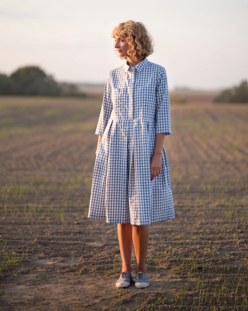 Checkered shirt dress with a pleated skirt