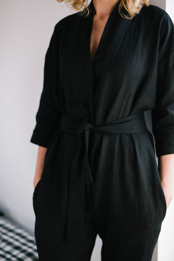 V-neck jumpsuit in black linen - Image 1