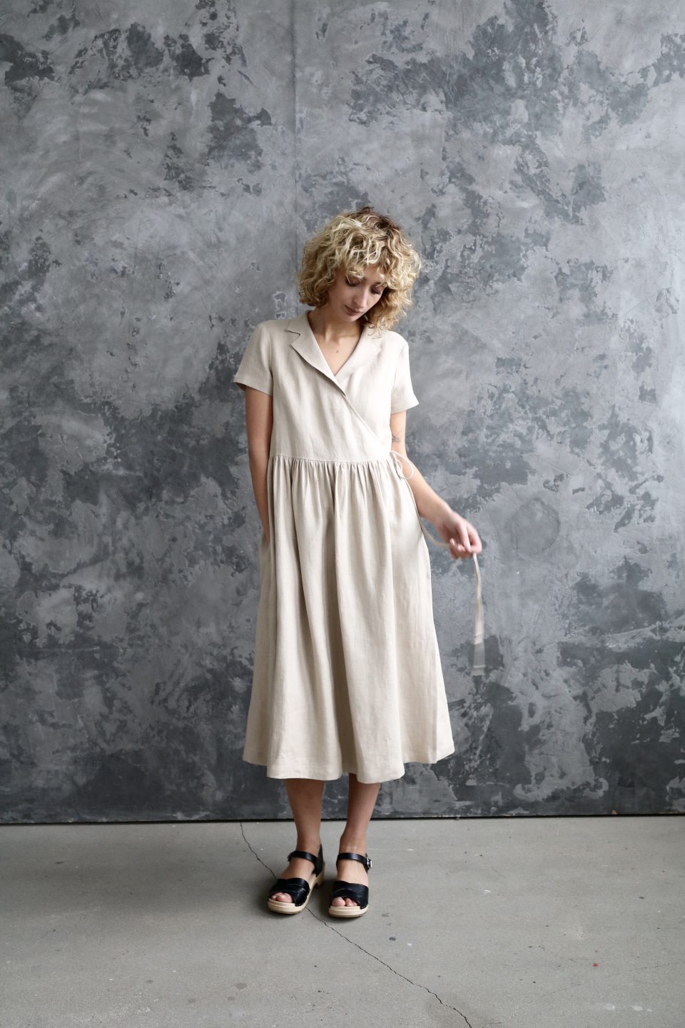 Linen wrap dress in beige | Dress | Sustainable clothing | OffOn clothing