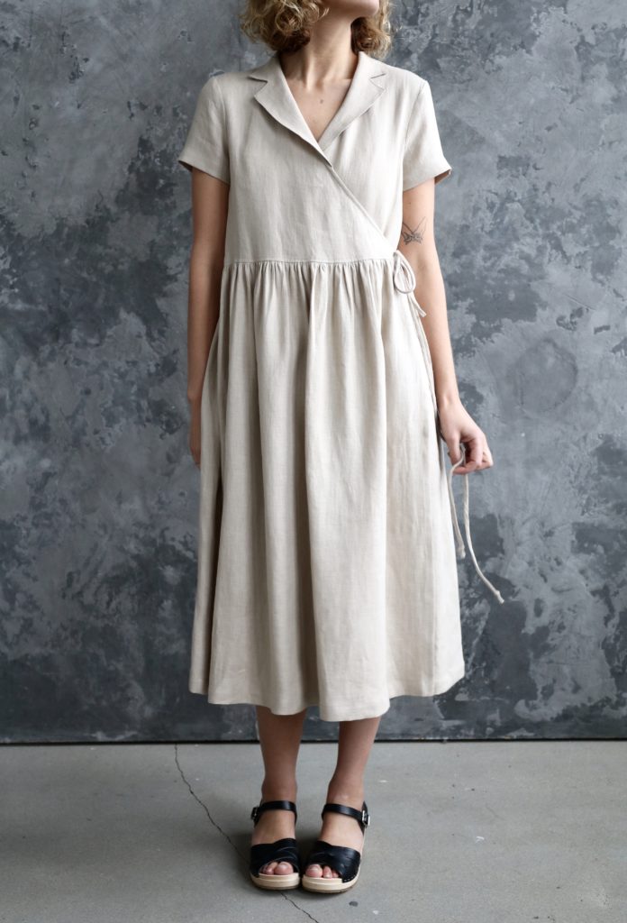 Linen wrap dress in beige - Image 2