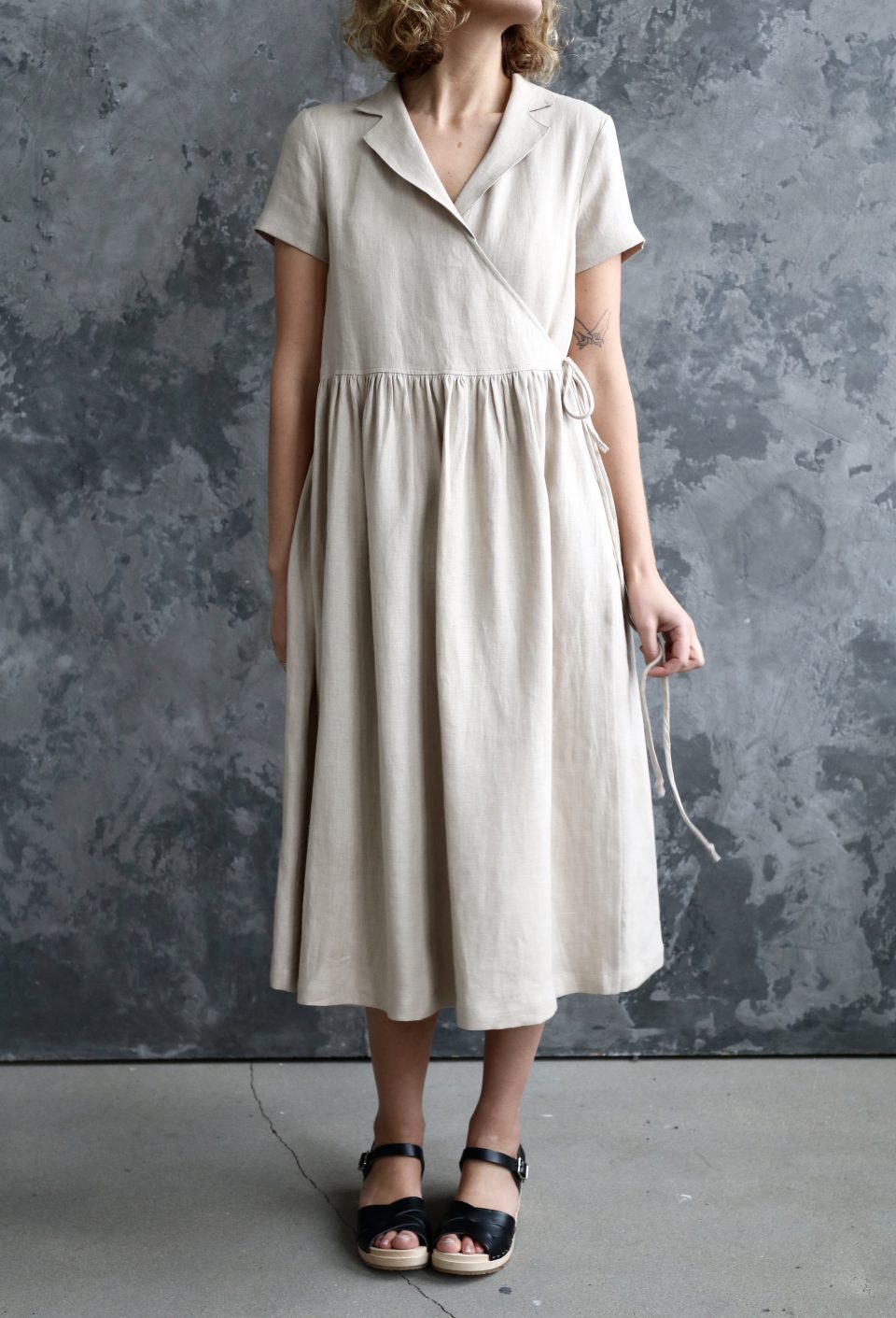Linen wrap dress in beige - Image 2