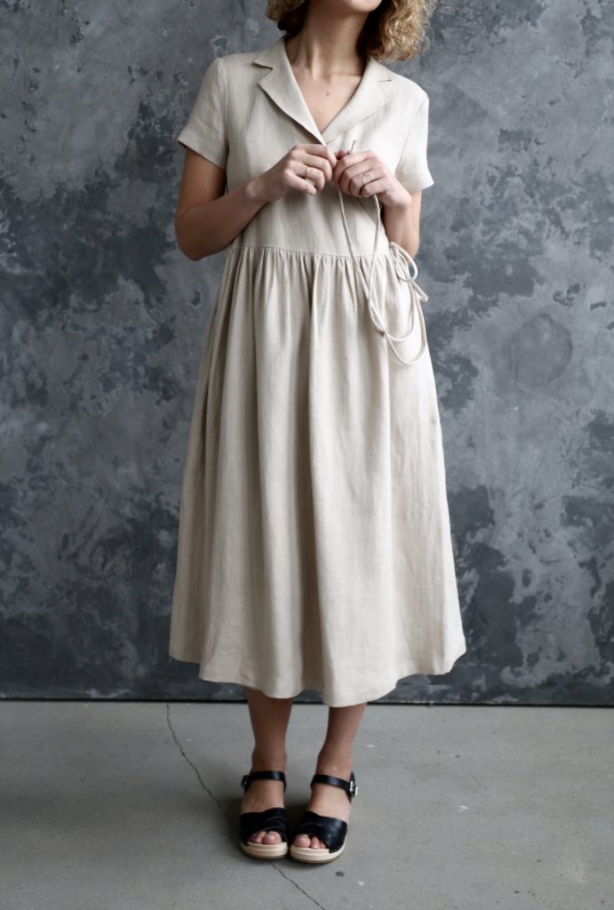 Linen wrap dress in beige - Image 3