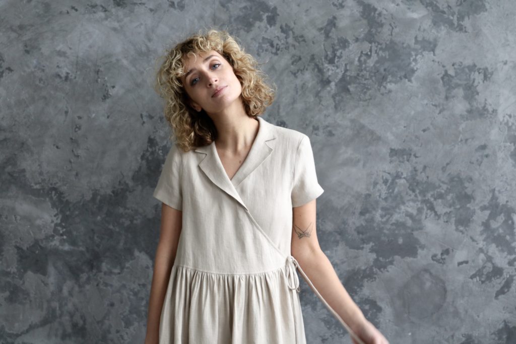 Linen wrap dress in beige - Image 1
