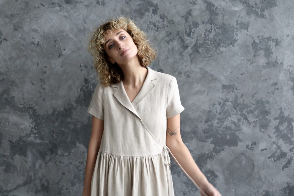 Linen wrap dress in beige - Image 1