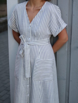 Linen Button Down Tie Belt Dress