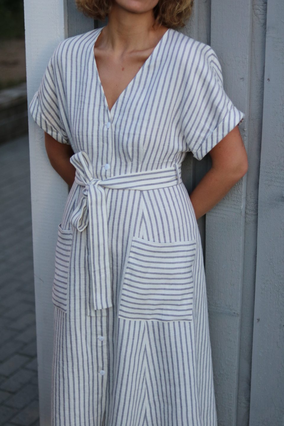 Linen Button Down Tie Belt Dress