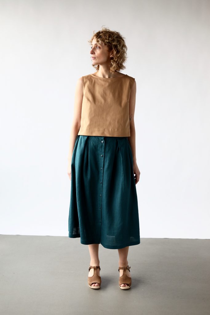Linen Midi Length Full Pleated Skirt
