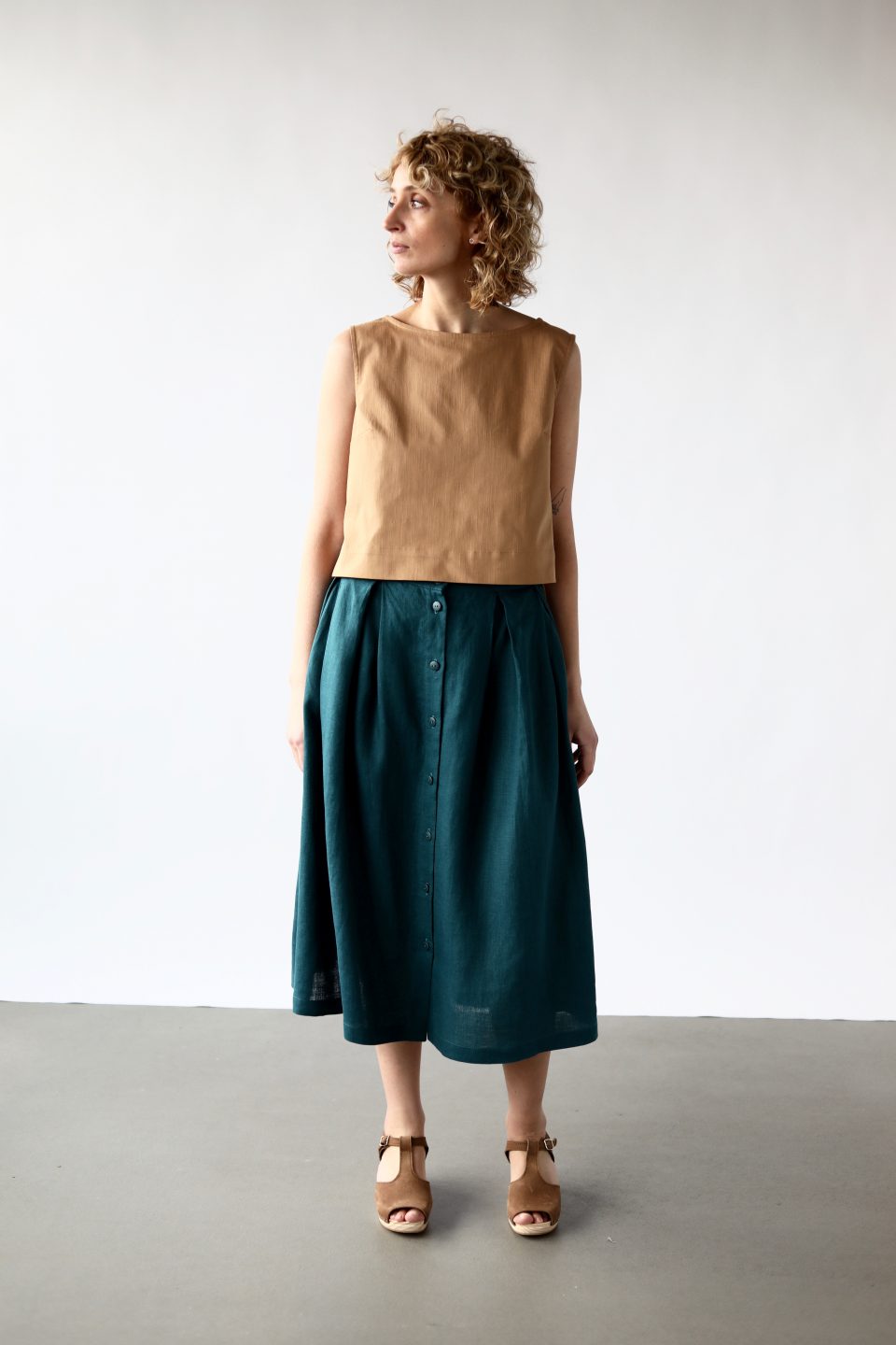 Linen Midi Length Full Pleated Skirt