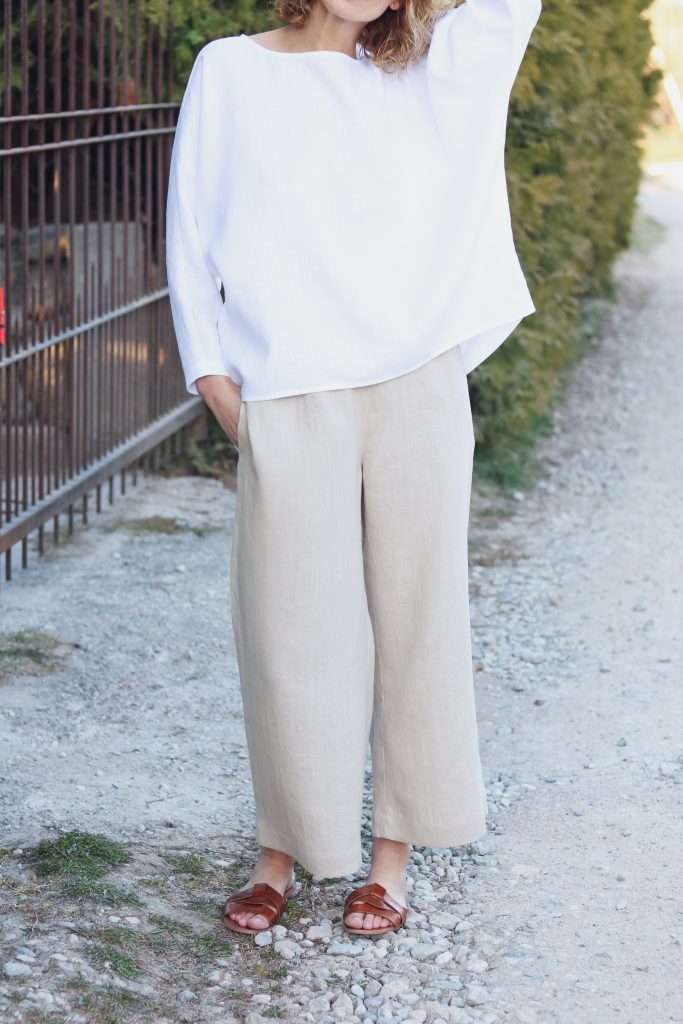 Wide leg linen culottes in beige - Image 1