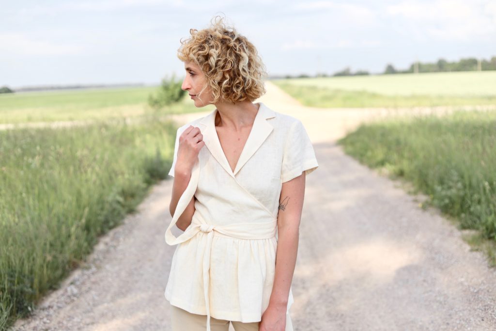 Ruffled linen wrap blouse