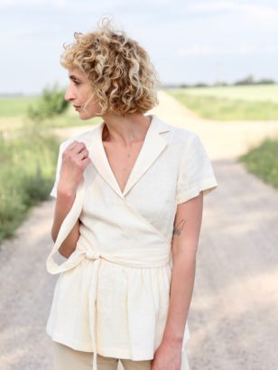 Ruffled linen wrap blouse