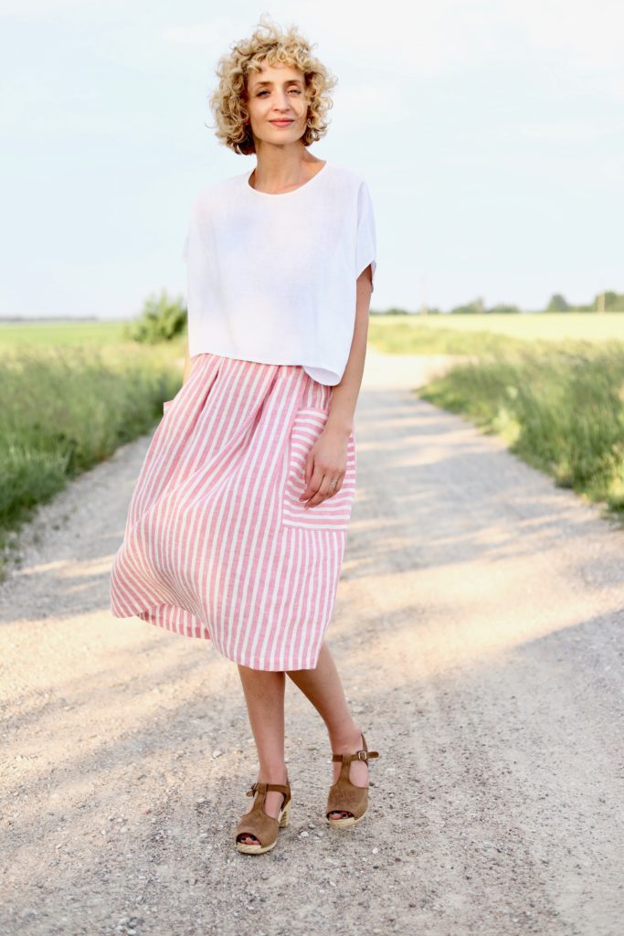 Linen Patch Pocket Skirt in Stripes