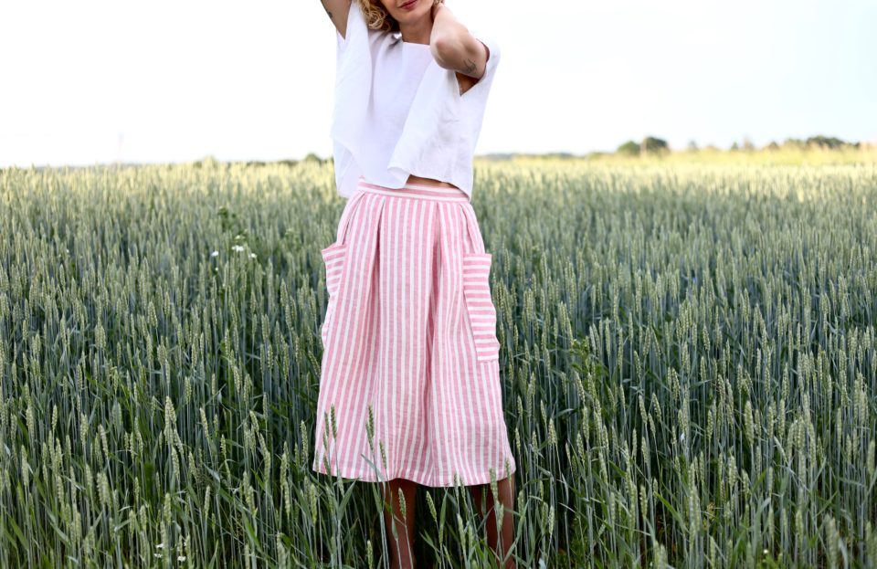 Linen Patch Pocket Skirt in Stripes - Image 4
