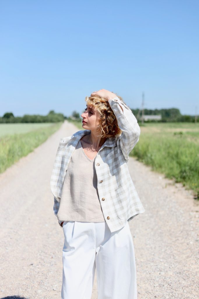 Checkered linen long sleeve jacket - Image 1