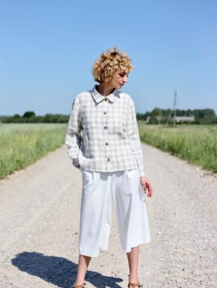 Checkered linen long sleeve jacket