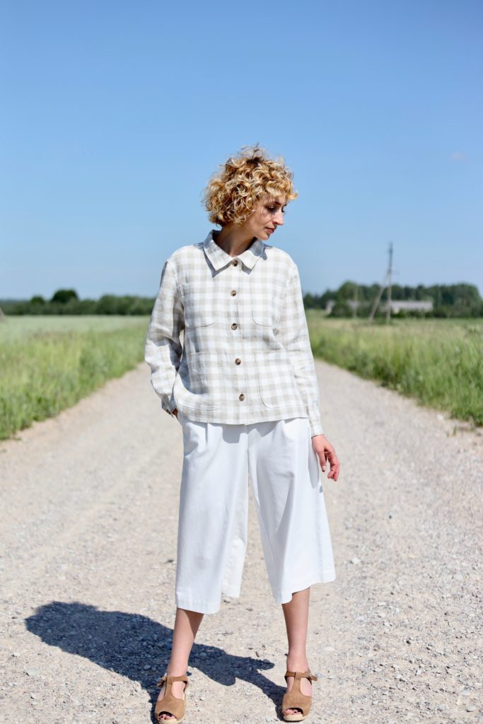 Checkered linen long sleeve jacket