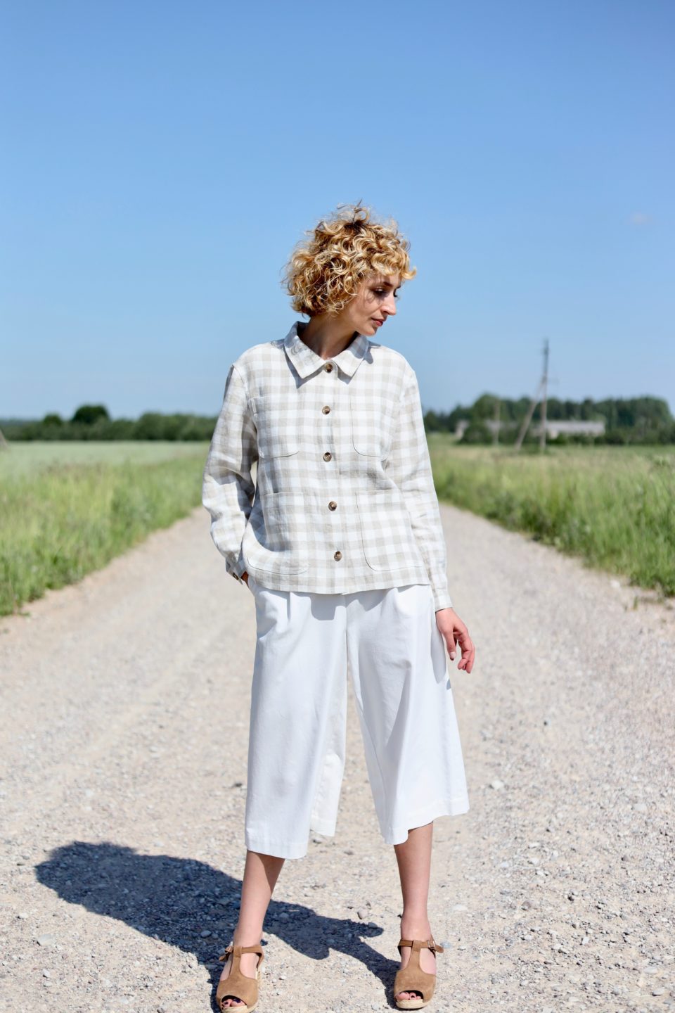 Checkered linen long sleeve jacket