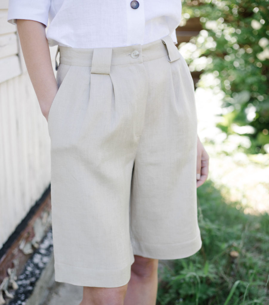 Beige linen high waist shorts - Image 1