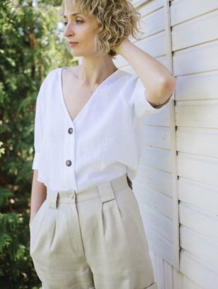 White linen V-neck blouse