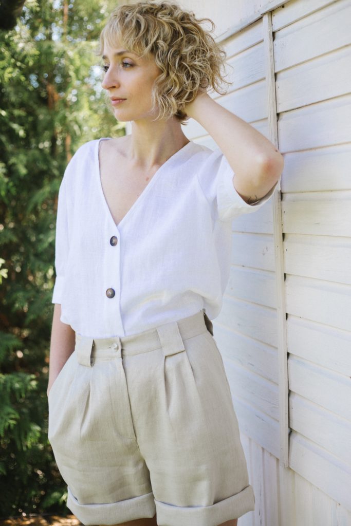 White linen V-neck blouse
