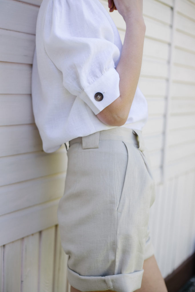 Beige linen high waist shorts
