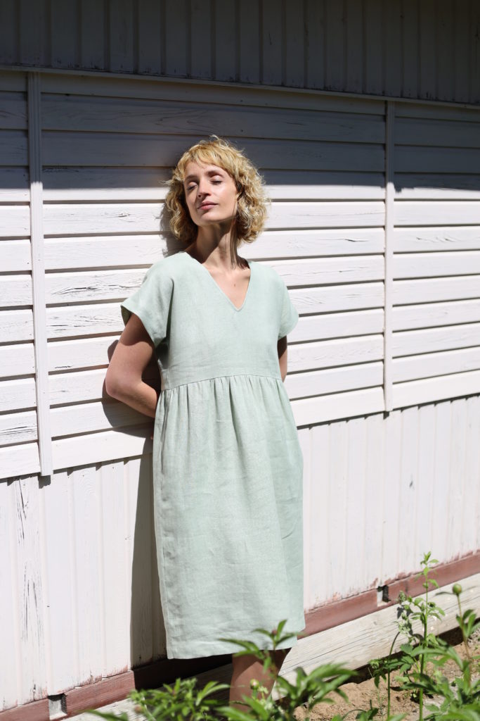 V-neck linen dress in sage green color | Dress | Sustainable clothing | OffOn clothing