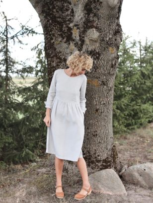 Grey fitted long sleeve linen dress